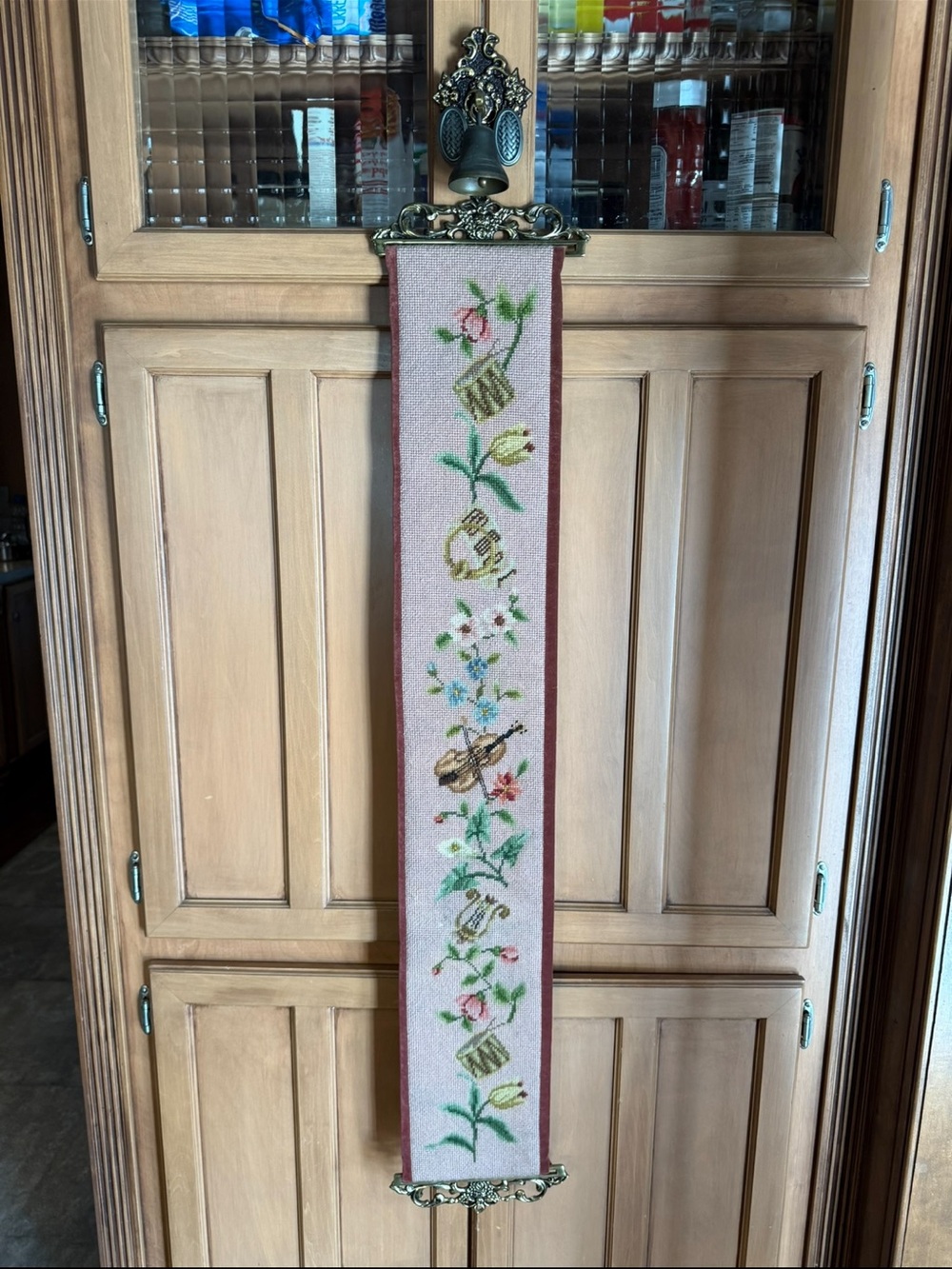 Vintage bell pull tapestry of musical instruments & flowers